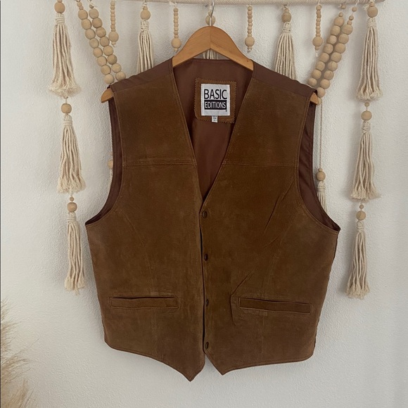 Vintage mens brown suede vest textured western gold tone snap cinch back large - Picture 11 of 16